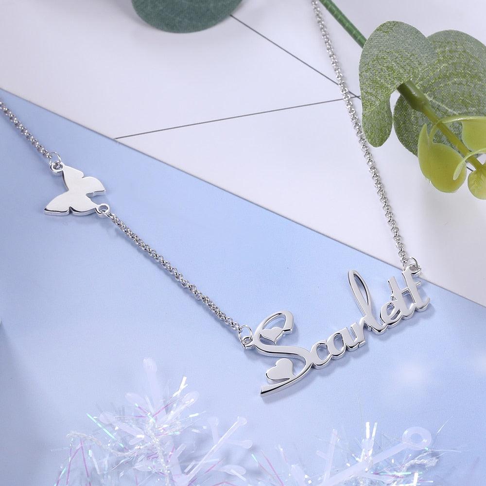 Customizable 925 Sterling Silver pendant necklace with a nameplate and butterfly - Personalized Jewel