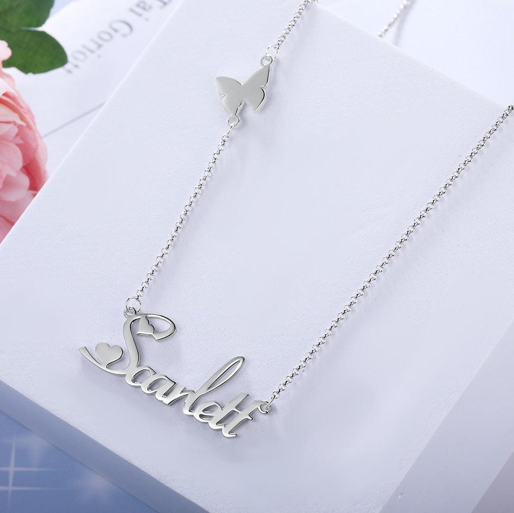 Customizable 925 Sterling Silver pendant necklace with a nameplate and butterfly - Personalized Jewel