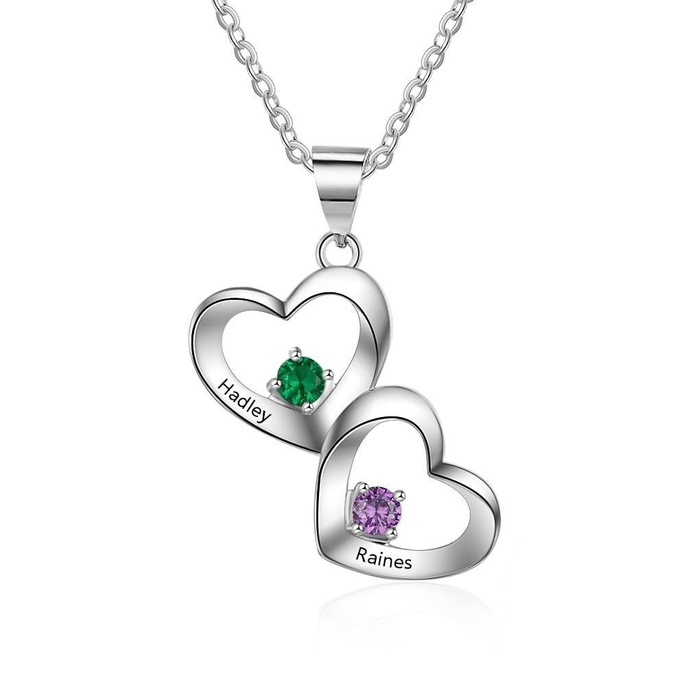 Customized 2 Birthstones Heart Necklace for Women Personalized Engraving Pendant Gifts - Personalized Jewel