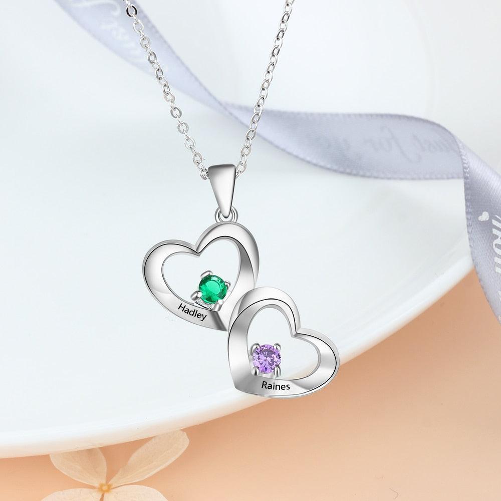 Customized 2 Birthstones Heart Necklace for Women Personalized Engraving Pendant Gifts - Personalized Jewel