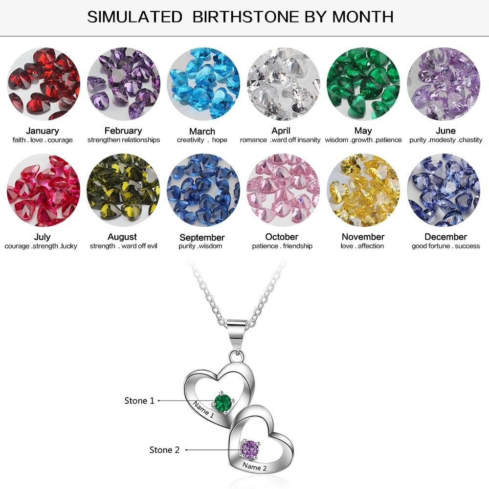 Customized 2 Birthstones Heart Necklace for Women Personalized Engraving Pendant Gifts - Personalized Jewel