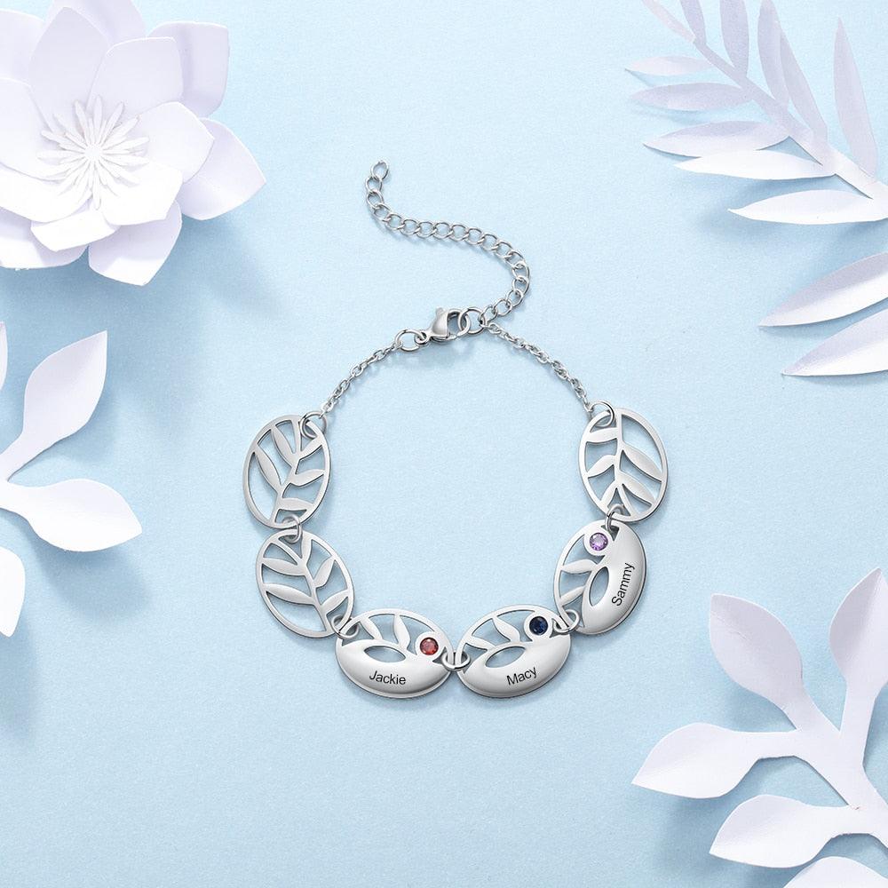 Customized 3 Names Engraving Leaf Charm Bracelet Fashionable Accessory for Women - Personalized Jewel