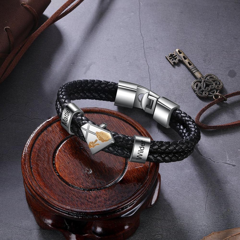 Customized Braided Leather Bracelet Personalized Father Kids Name Engraved Black Leather Bracelet - Personalized Jewel