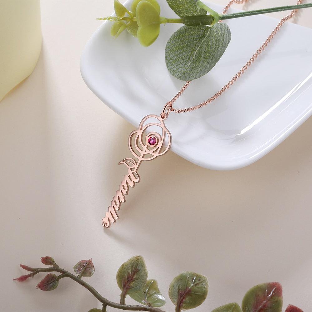 Customized Name Rose Necklaces, DIY Birthstone Flower Necklace, Customized Pendant for Mom, Accessories for Women, Gift for Women - Personalized Jewel