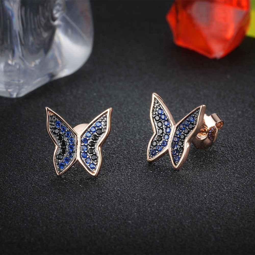 Cute 925 Silver Blue & Black CZ Butterfly Stud Earrings for Women, Best Fashion Gift Jewelry - Personalized Jewel