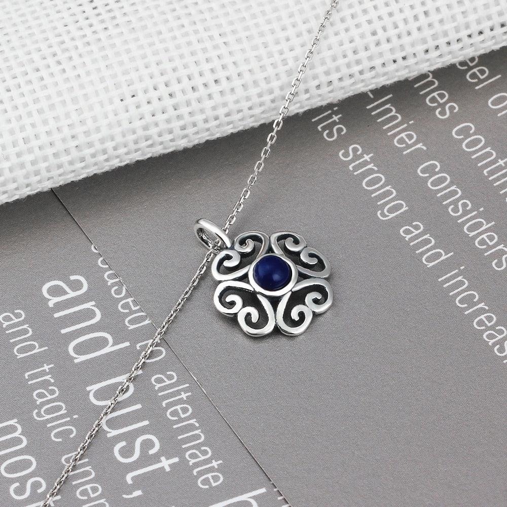 Fashion 925 Sterling Silver Floral Pattern Necklace with Blue Cubic Zirconia Pendant, Vintage jewelry for Women - Personalized Jewel