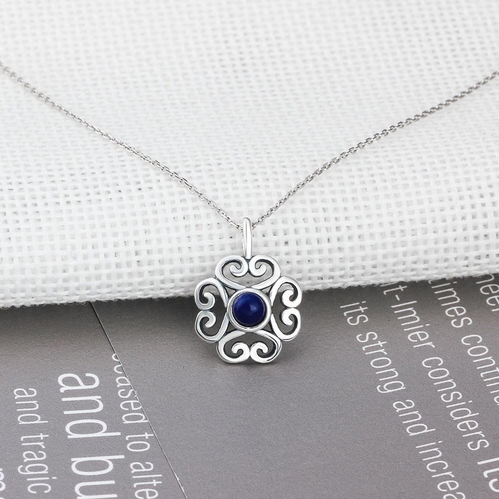 Fashion 925 Sterling Silver Floral Pattern Necklace with Blue Cubic Zirconia Pendant, Vintage jewelry for Women - Personalized Jewel