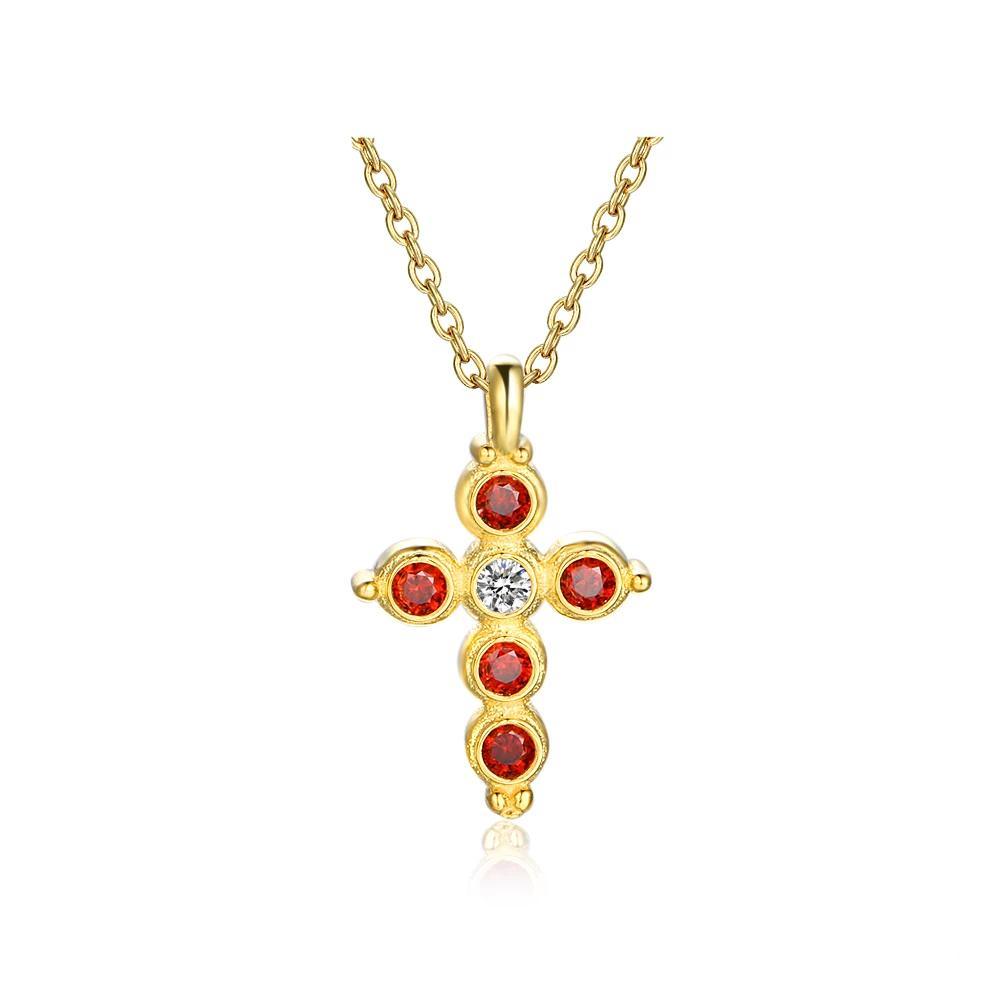 Fashion 925 Sterling Silver Gold Plated Cross Pattern Necklace with Red CZ Pendant, Vintage Jewelry for Women - Personalized Jewel