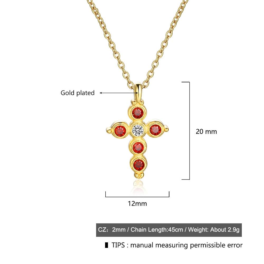 Fashion 925 Sterling Silver Gold Plated Cross Pattern Necklace with Red CZ Pendant, Vintage Jewelry for Women - Personalized Jewel