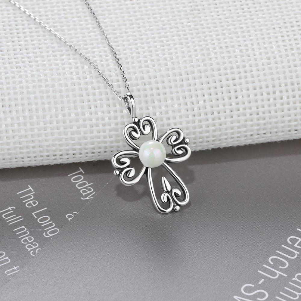 Fashion 925 Sterling Silver Necklace with Simulated Pearl Cross Pendant, Vintage Jewelry for Women - Personalized Jewel