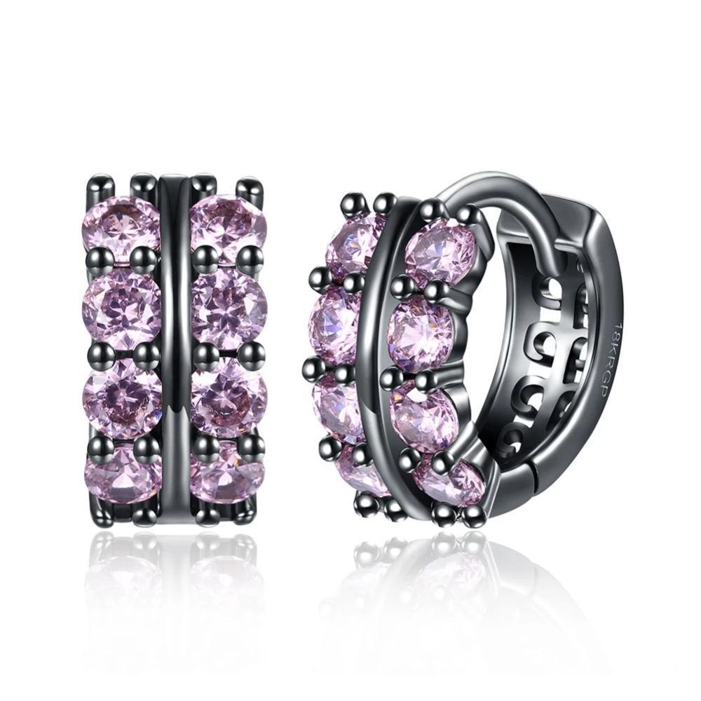 Fashion Double Row Black Gun Color Hoop Earrings with Pink Cubic Zirconia for Women, Party Gift Accessorise for Her - Personalized Jewel