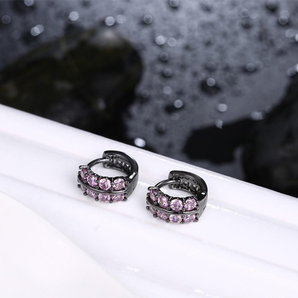 Fashion Double Row Black Gun Color Hoop Earrings with Pink Cubic Zirconia for Women, Party Gift Accessorise for Her - Personalized Jewel