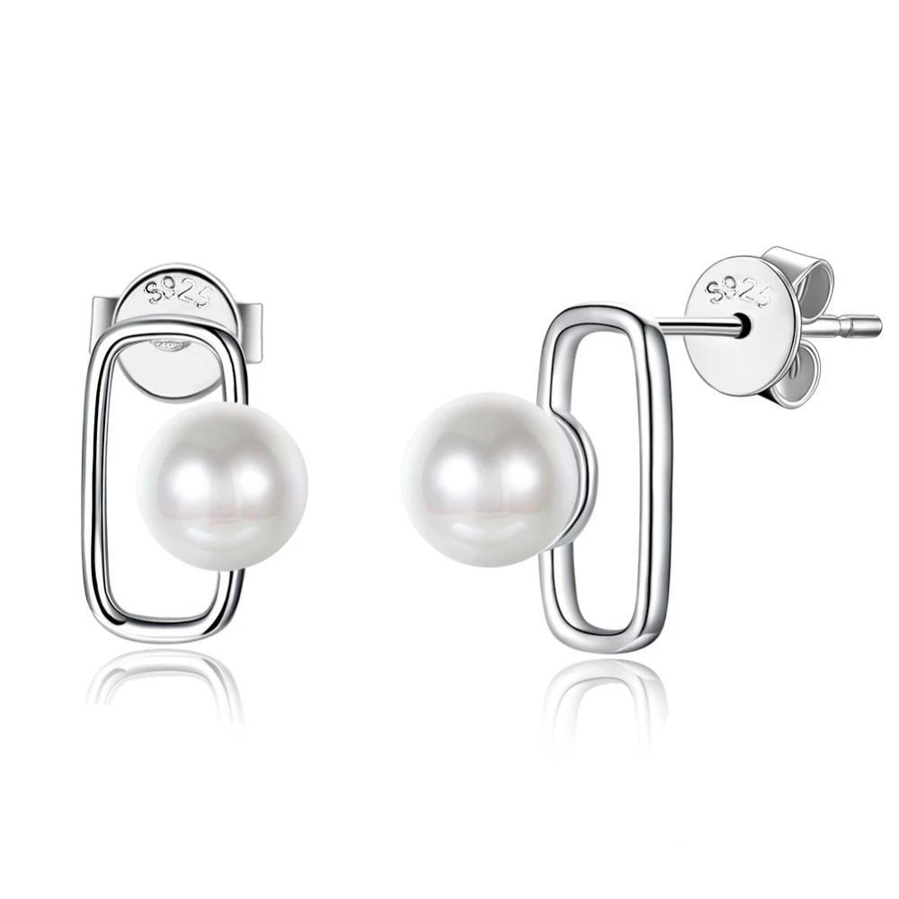 Fashionable 925 Sterling Silver Geometric Design Simulated Pearl Stud Earrings for Women, Trendy Party Jewelry Accessory - Personalized Jewel