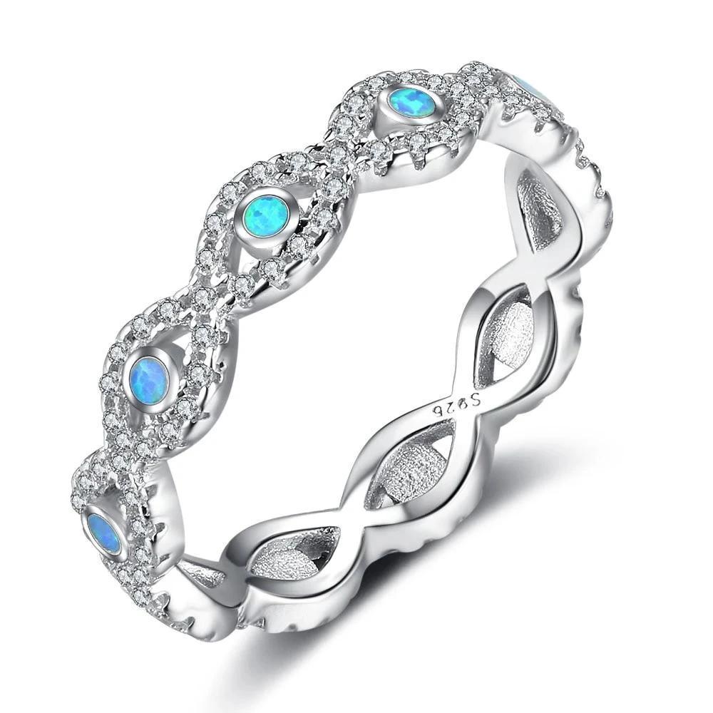 Fashionable Infinity Love Sterling Silver Ring for Women - Blue Opal Stone with Cubic Zirconia Stone - Arranged Ring for Weddings - Personalized Jewel