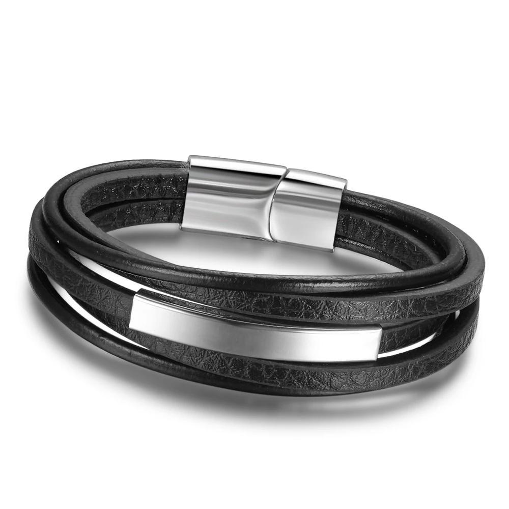 Genuine Leather Stainless Steel Stylish Bracelets for Men, Multiple Layer Wristband, Jewelry Gift - Personalized Jewel