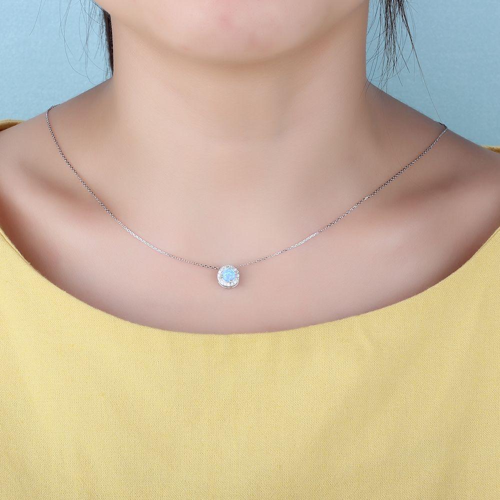 Genuine Sterling Silver Jewelry Necklace for Women with Elegant Round Opal Pendant - Personalized Jewel