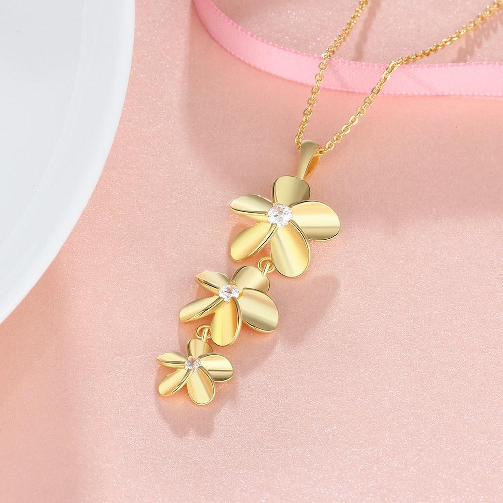 Gold Color Necklace with Triple Flower Zirconia Pendant for Women, Gift Jewelry for Mother - Personalized Jewel