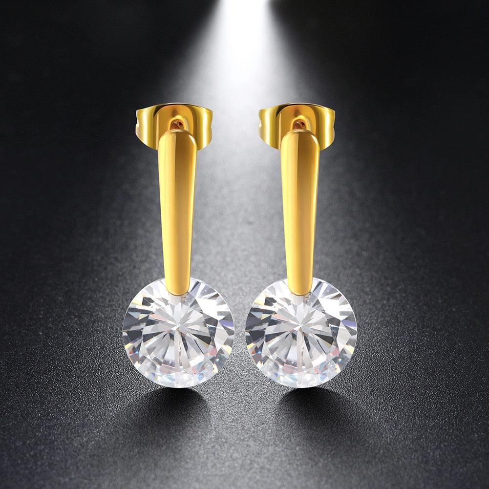 Gold Drop Earring Round Cubic Zirconia Stone Dangle Drop Earrings - Personalized Jewel