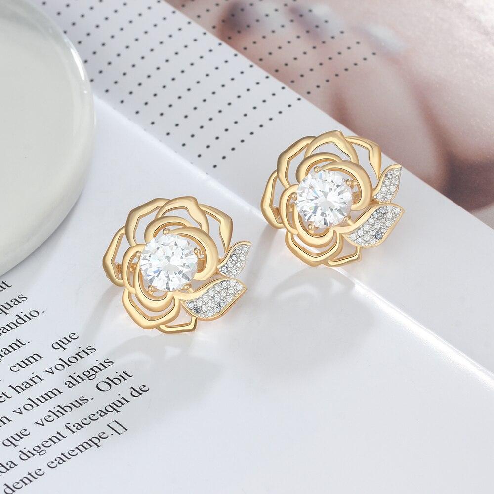 Gold Hoop Earrings for Women- Flower Jewelry for Women- Cubic Zirconia Stud Earrings for Women- Party Jewelry for Women - Personalized Jewel