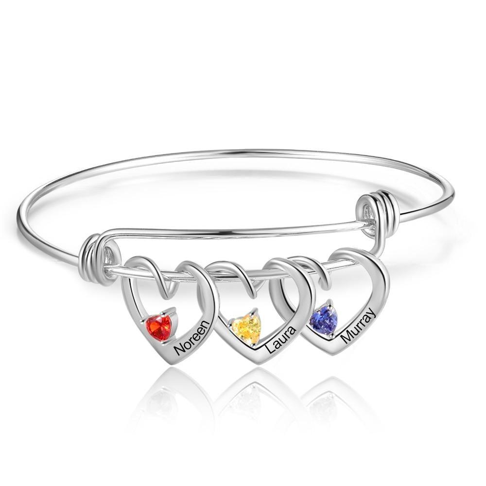 Heart Charm Bracelet, 3-Name Engraving Bracelet- Heart Charm Bracelet for Mom- Personalized Bracelet for Women- Trendy Bracelet for Women- Birthstone Bracelet for Women - Personalized Jewel