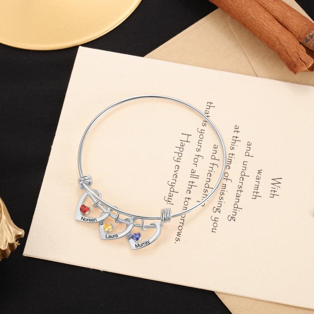 Heart Charm Bracelet, 3-Name Engraving Bracelet- Heart Charm Bracelet for Mom- Personalized Bracelet for Women- Trendy Bracelet for Women- Birthstone Bracelet for Women - Personalized Jewel