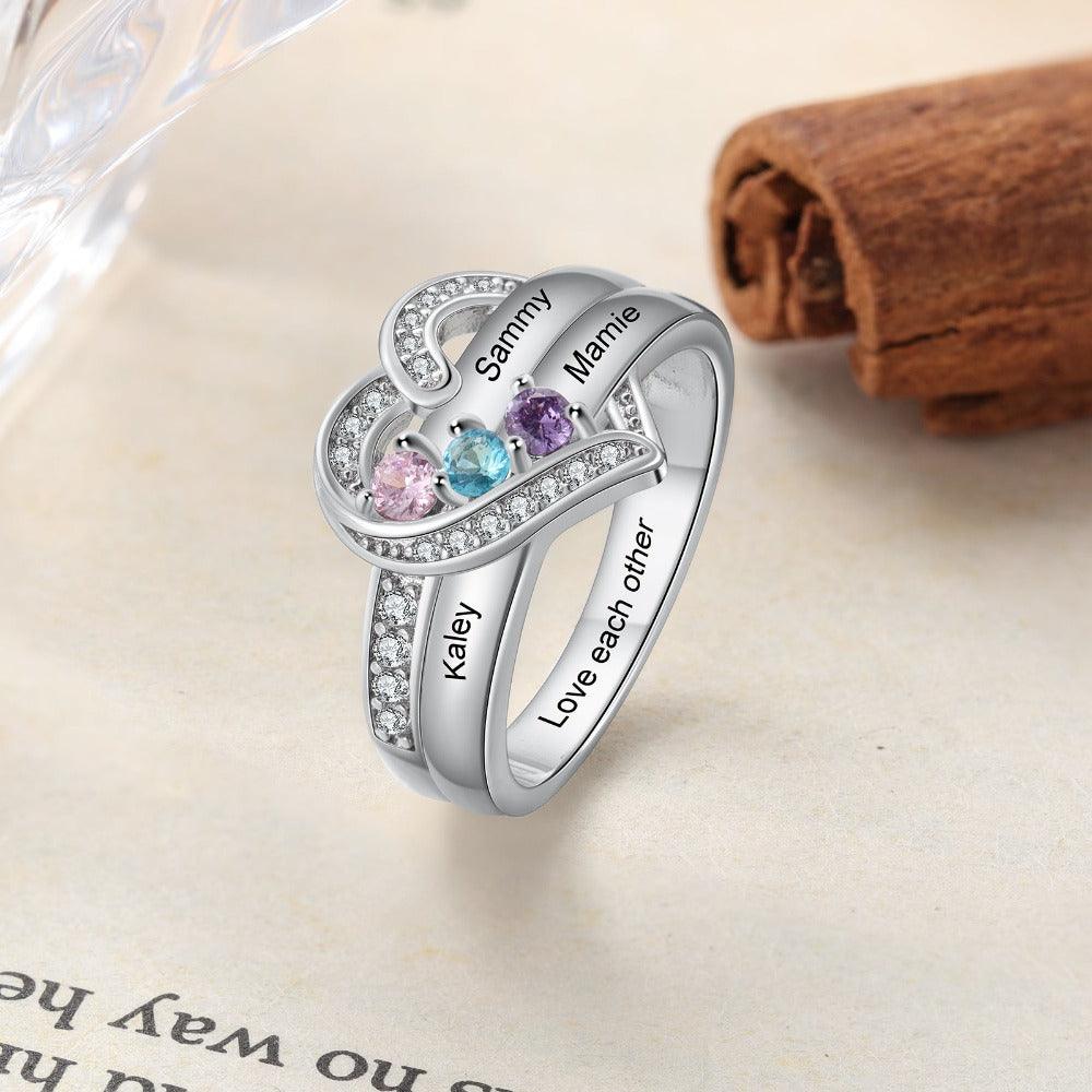 Heart Personalized Silver Ring - 3 Custom Birthstones 3 Custome Names 1 Custom Engraving - Personalized Jewel