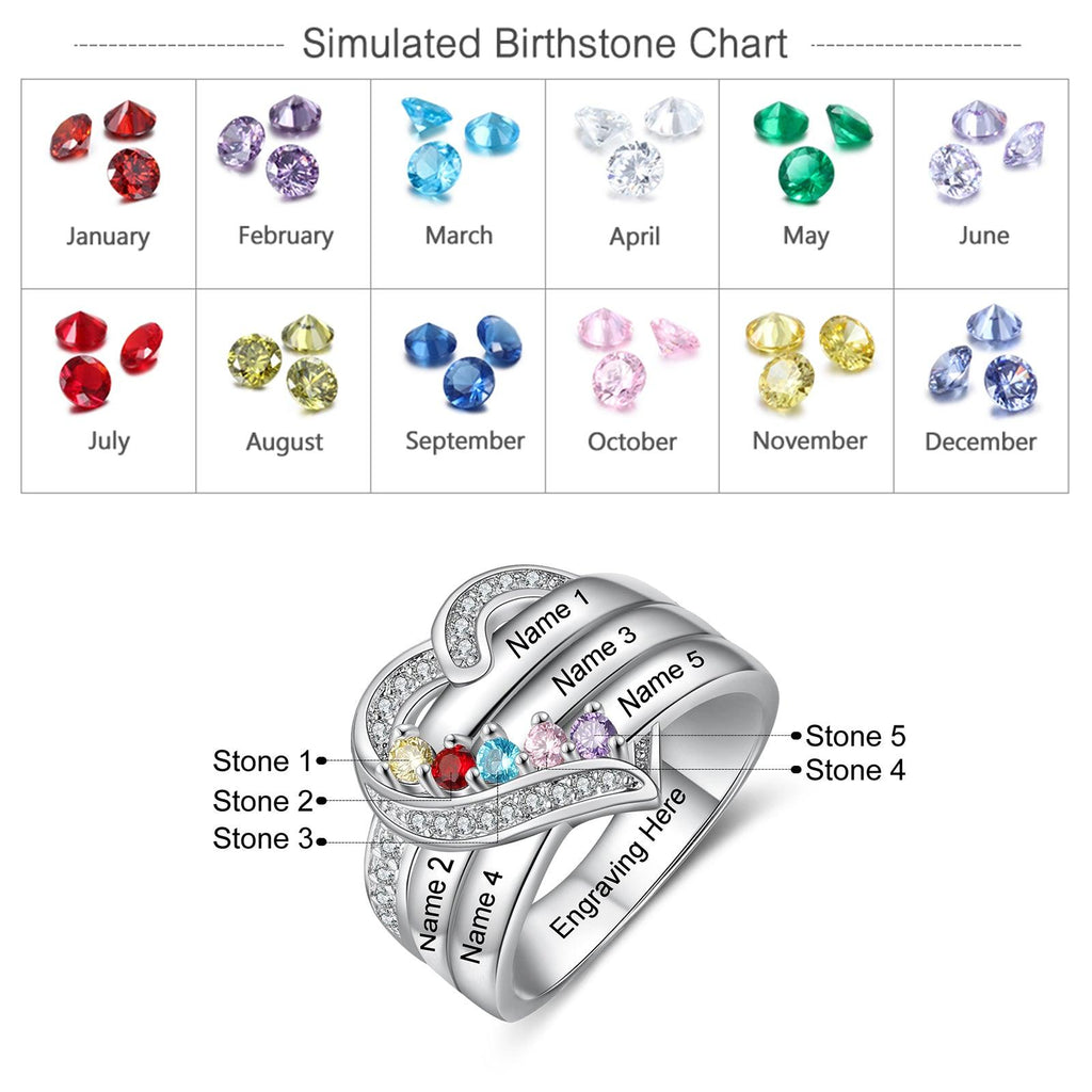 Heart Personalized Silver Ring - 5 Custom Birthstones 5 Custome Names 1 Custom Engraving - Personalized Jewel