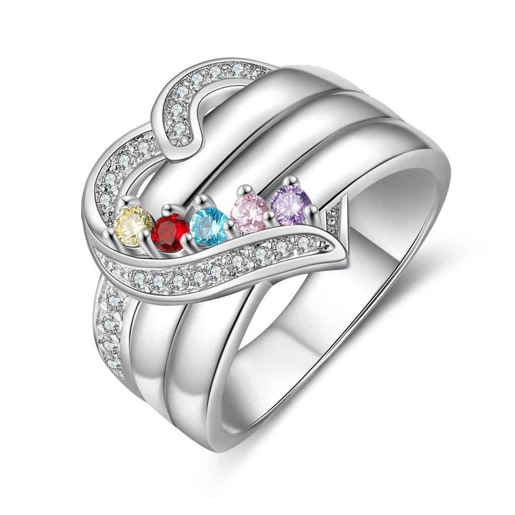 Heart Personalized Silver Ring - 5 Custom Birthstones 5 Custome Names 1 Custom Engraving - Personalized Jewel