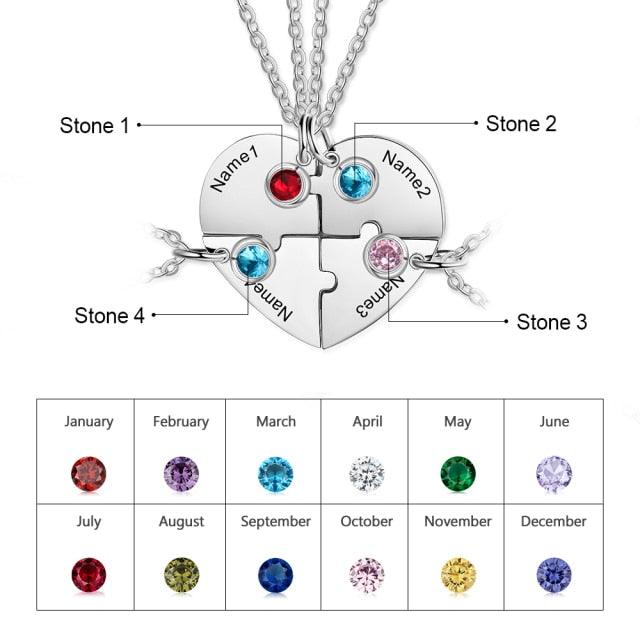 Heart Shape Friendship Necklace, Stainless Steel Personalized Necklace for Women, Birthstone Engraved Necklace for Four Friends - Personalized Jewel