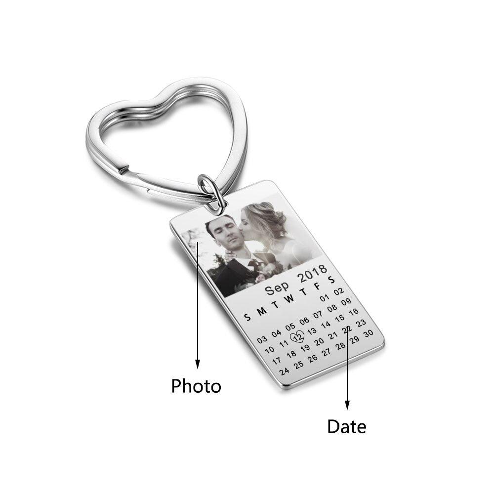 Heart-Shaped Keyring with Customized Photo & Date Engraved - Personalized Jewel