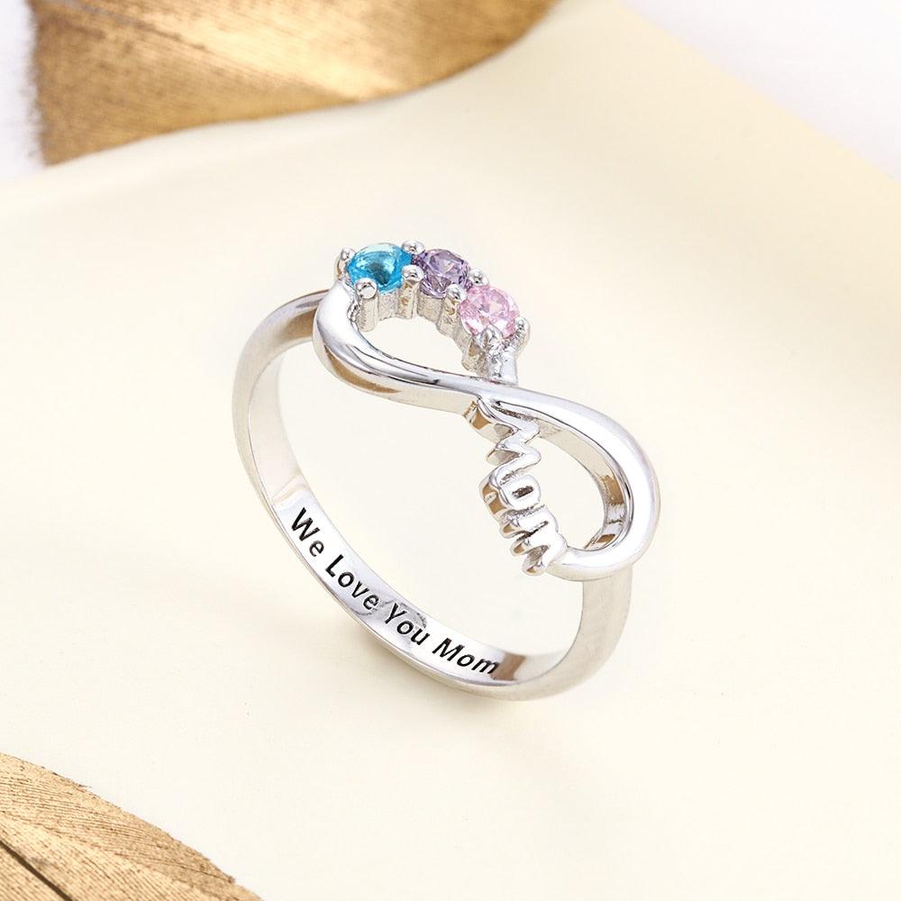 Infinity 925 Sterling Silver Women Ring- 3 Birthstones Engraved- Stylish Ladies Ring - Personalized Jewel