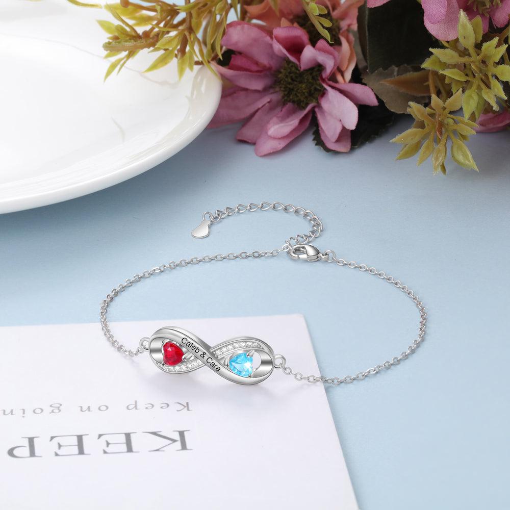 Infinity Diamond Sterling Silver Bracelet - 2 Custom Names & Birthstones - Personalized Jewel