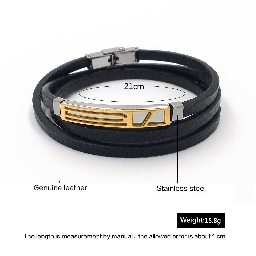 Men’s Trendy Stainless Steel Genuine Leather Bracelets, Fashionable Black Wrap Wristband Gift for Men - Personalized Jewel