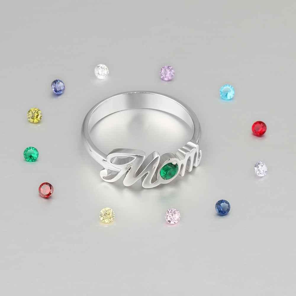 ‘Mom’ Shaped Personalized 925 Sterling Silver Ring with Cubic Zirconia Stones, Gift for Mother - Personalized Jewel