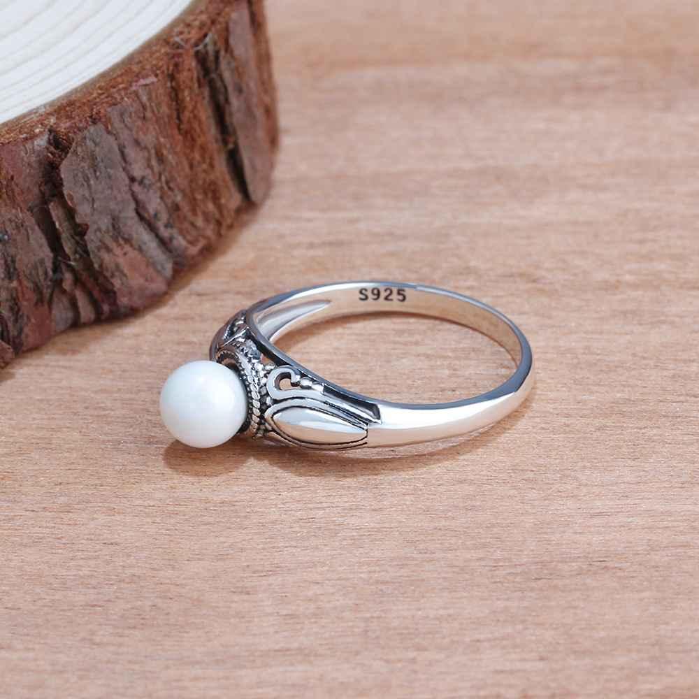 New Solid 925 Sterling Silver Rings for Women – Simulated Pearl Female Ring – Vintage Pattern Jewelry Gift for Girls  - Personalized Jewel
