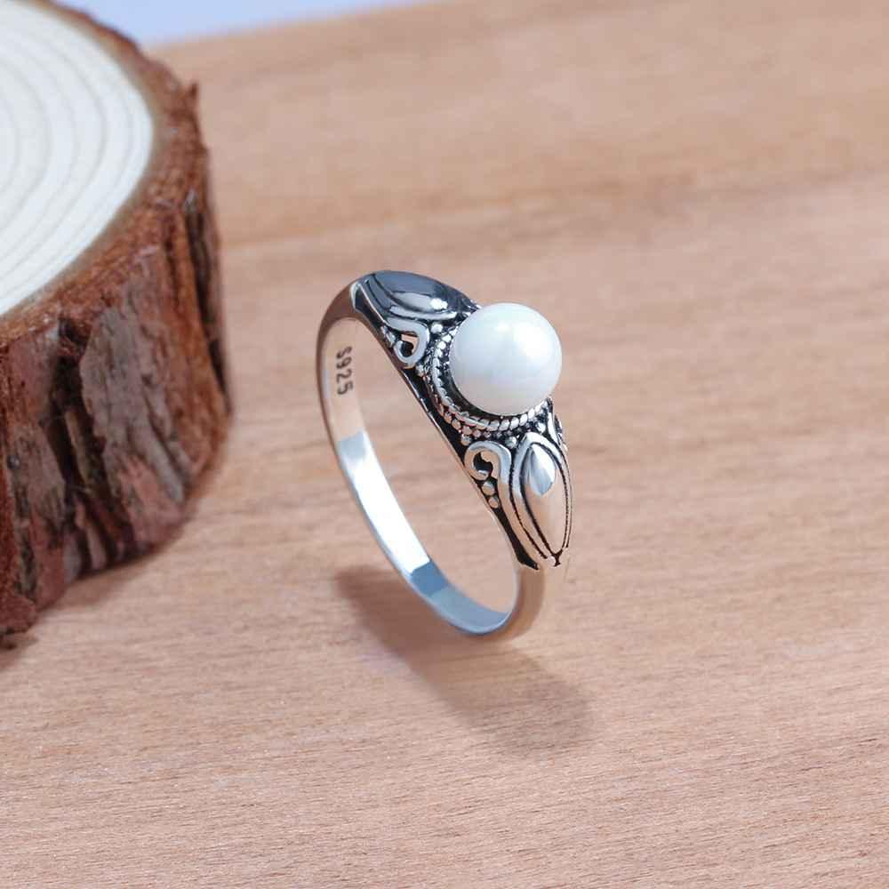 New Solid 925 Sterling Silver Rings for Women – Simulated Pearl Female Ring – Vintage Pattern Jewelry Gift for Girls  - Personalized Jewel