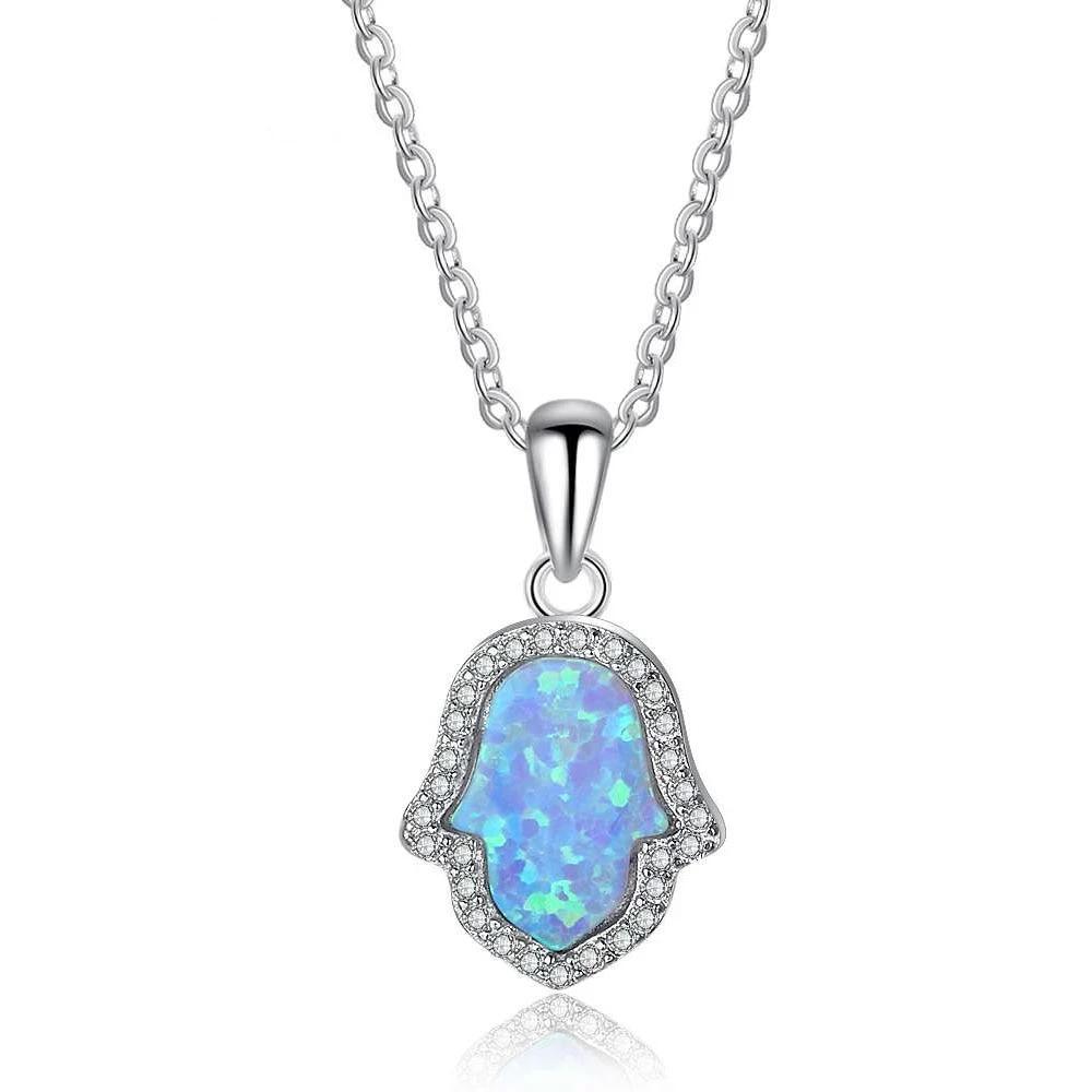 Opal Stone Pendant With Sterling Silver Necklace For Women, Hamas Hand Shaped Pendant Inspired By Ocean - Personalized Jewel