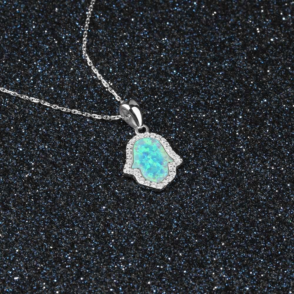 Opal Stone Pendant With Sterling Silver Necklace For Women, Hamas Hand Shaped Pendant Inspired By Ocean - Personalized Jewel
