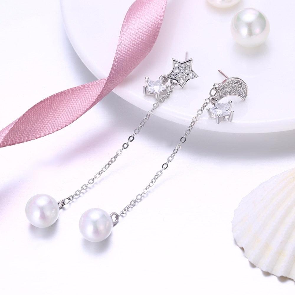 Pearl Moon Dangle Earrings- Solid Sterling Silver Earrings- Silver Dangle Earrings for Women - Personalized Jewel