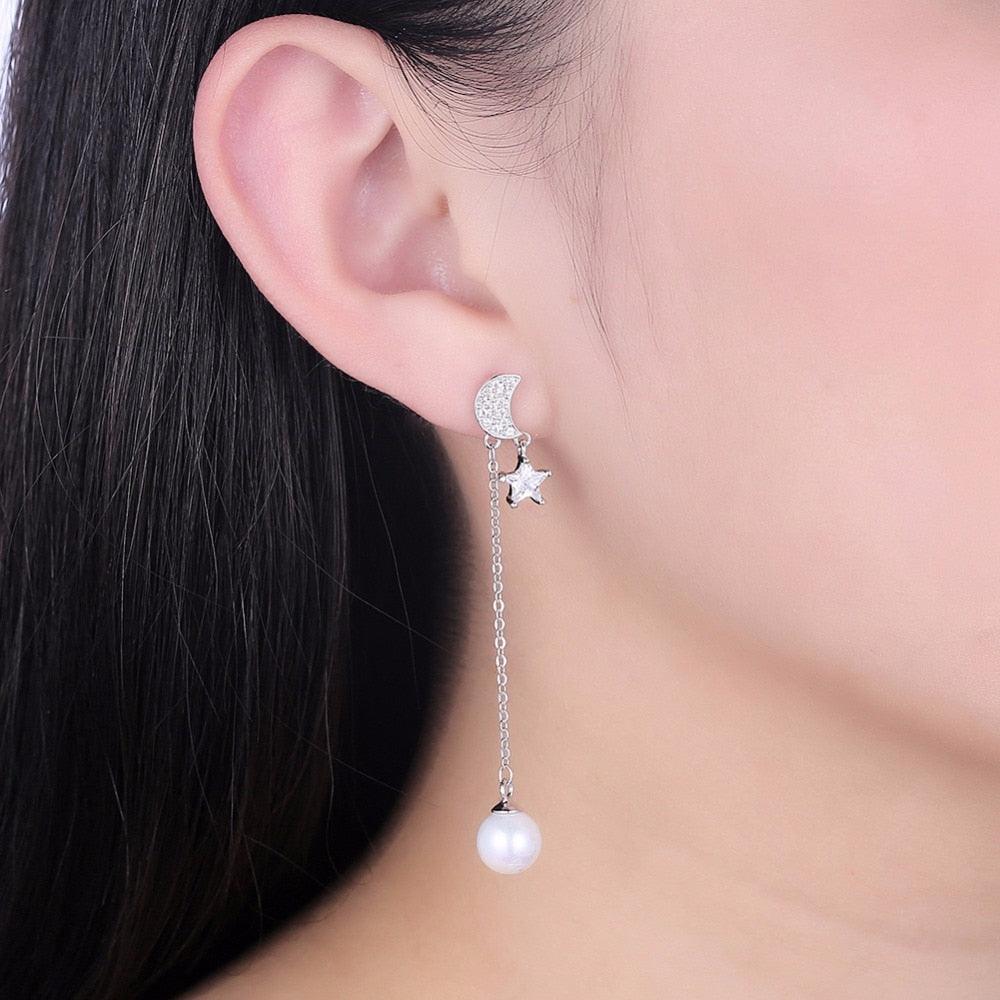 Pearl Moon Dangle Earrings- Solid Sterling Silver Earrings- Silver Dangle Earrings for Women - Personalized Jewel