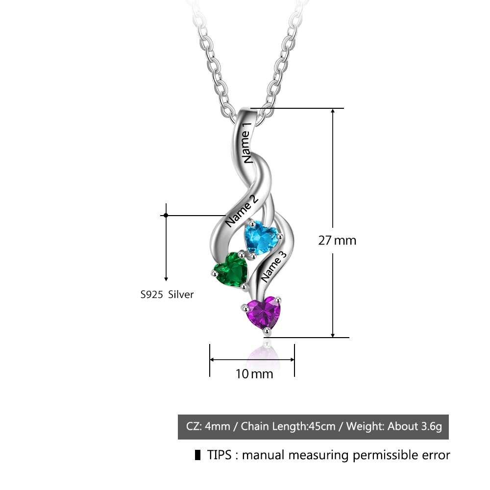 Personalized 3 Heart Birthstone Engrave Name Pendant Necklace - Personalized Jewel