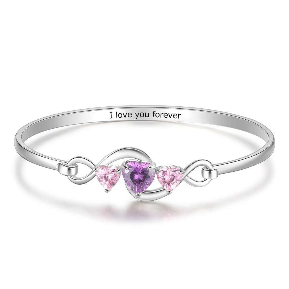 Personalized 3 Heart Birthstones Engraving Infinity Bangle Bracelet for Her - Personalized Jewel