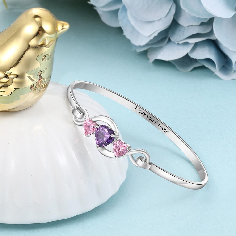 Personalized 3 Heart Birthstones Engraving Infinity Bangle Bracelet for Her - Personalized Jewel