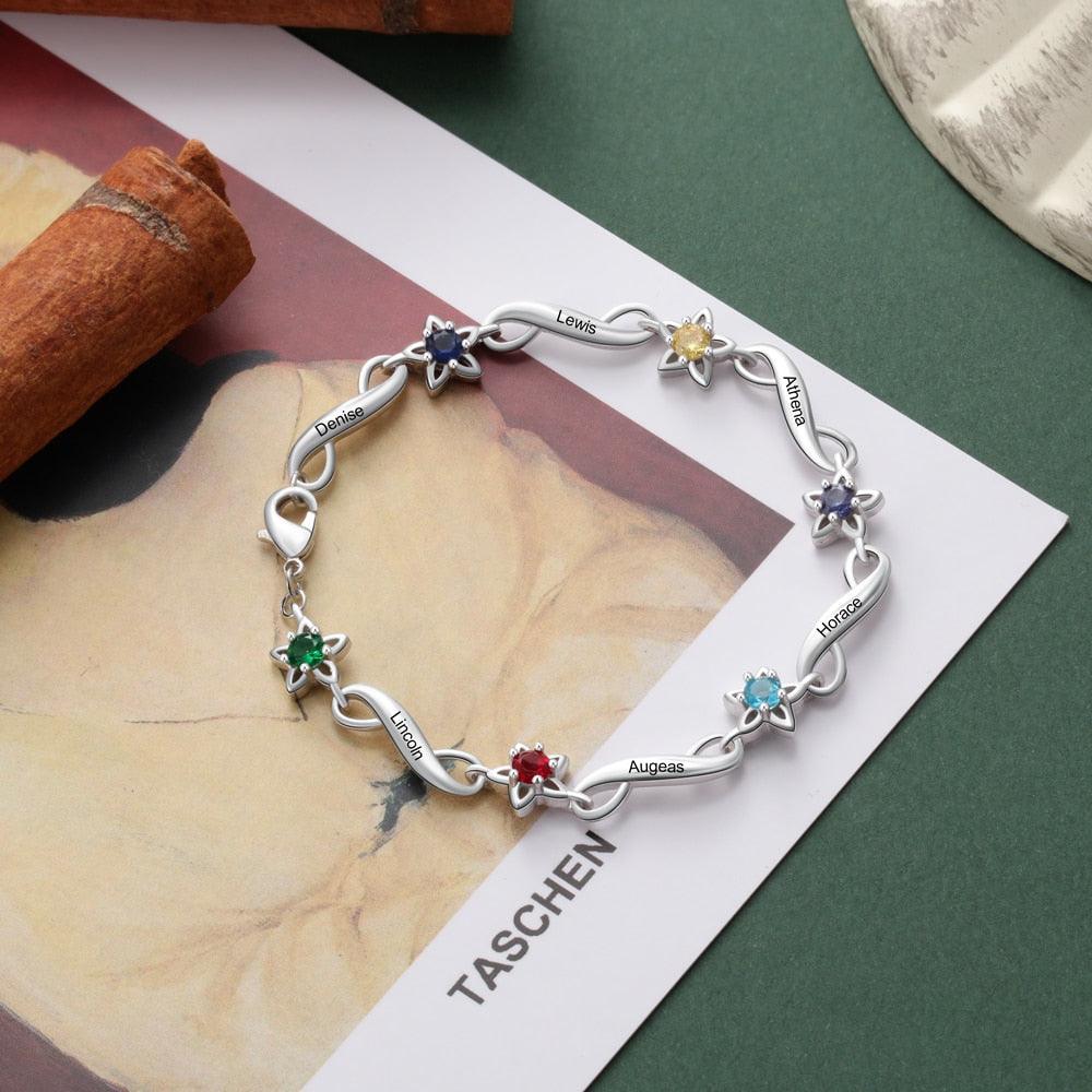 Personalized 7 Inlaid Birthstones Name Engraved Mother Bracelet - Personalized Jewel