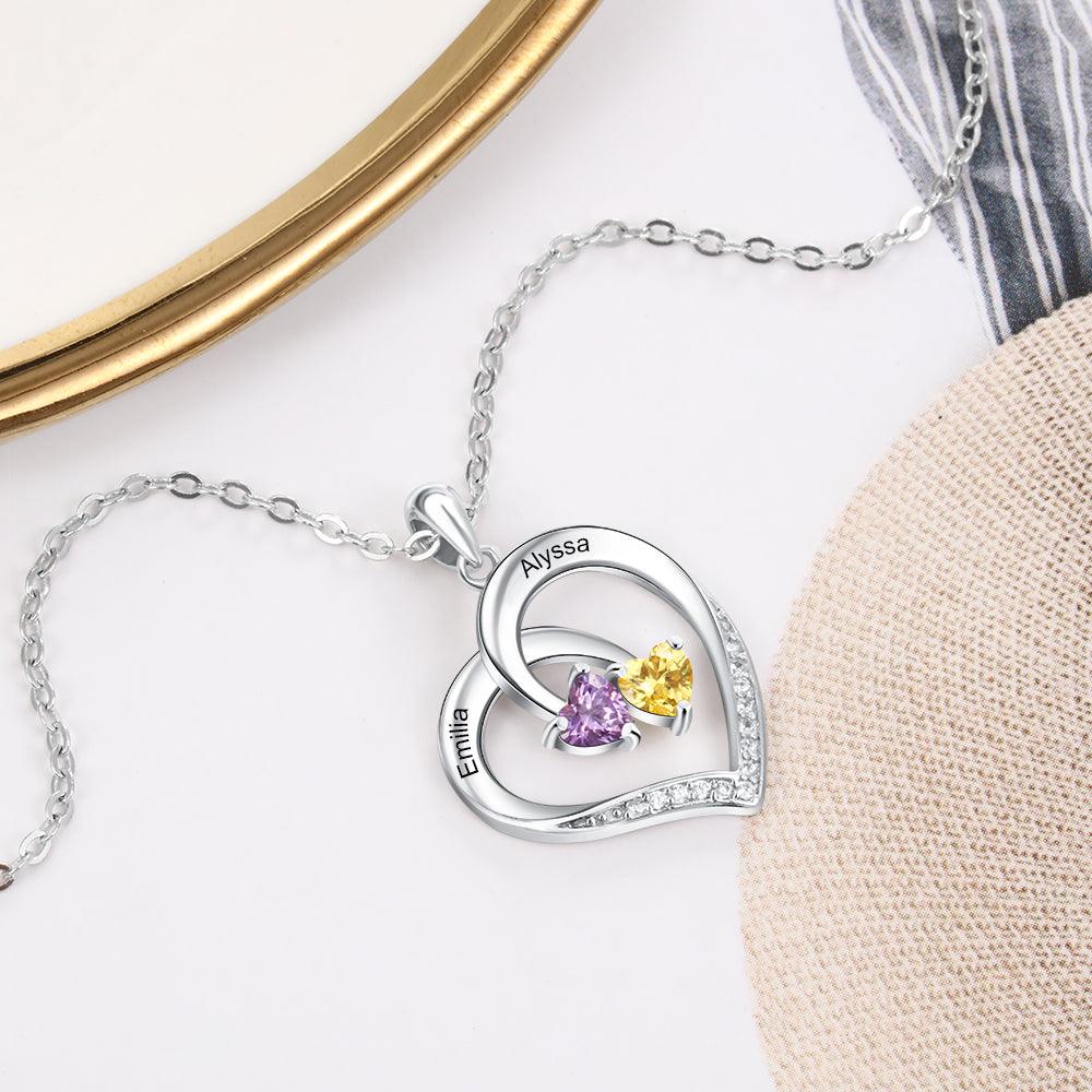 Personalized 925 Silver Sterling Necklace - Interlocking Double Birthstone and Name Heart For Mother's Day - Personalized Jewel