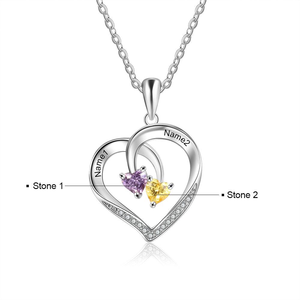 Personalized 925 Silver Sterling Necklace - Interlocking Double Birthstone and Name Heart For Mother's Day - Personalized Jewel
