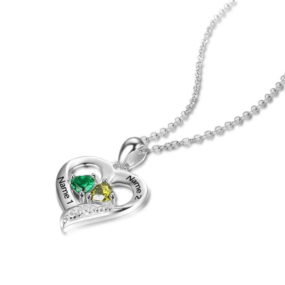 Personalized 925 Sterling Silver 2 Birthstone Necklace Pendants Engraved Heart BirthStones Necklace Mom Gift - Personalized Jewel