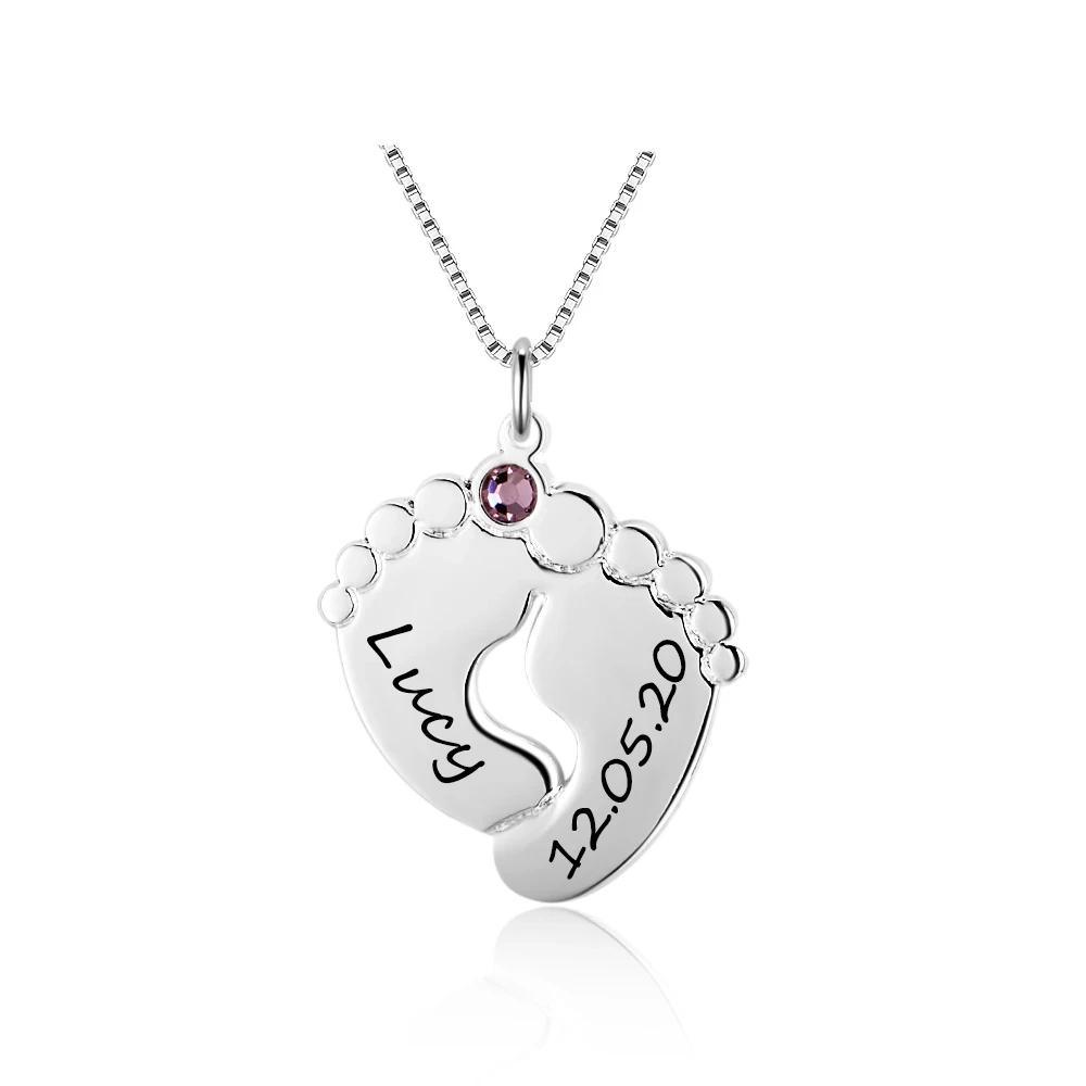 Personalized 925 Sterling Silver Baby Feet Customized Birthstone Name Engraved Pendant Necklace Jewelry Gift - Personalized Jewel