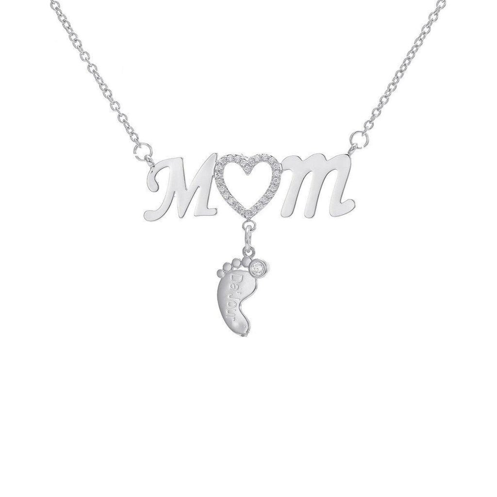Personalized 925 Sterling Silver CZ Love Heart Pendant - Mom 1 Baby Feet Drop Pendant Necklace - Personalized Jewel