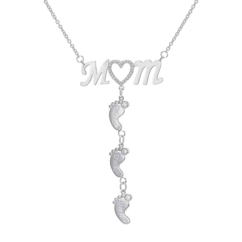 Personalized 925 Sterling Silver CZ Love Heart Pendant - Mom 3 Baby Feet Drop Pendant Necklace - Personalized Jewel